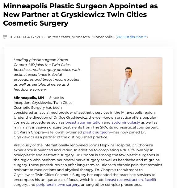 Dr Karan Chopra Joins Gryskiewicz Twin Cities Cosmetic Surgery